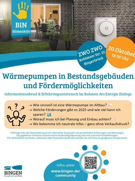 Energie-Dialog Bingen: Vortrag Wärmepumpe - Einsatz in Bestandsgebäuden und Fördermöglichkeiten (20.10.2025, 18.30 Uhr)